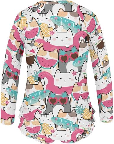 QUGRL الفتيات طفح الحرس طويلة الأكمام قطعة واحدة المايوه Kawaii لطيف القطط سستة فتاة الاستحمام الدعاوى حجم 9-10 الملونة الصيف الأشعة فوق البنفسجية ملابس السباحة الوقوف طوق in Kuwait