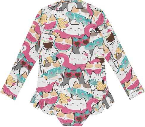 QUGRL الفتيات طفح الحرس طويلة الأكمام قطعة واحدة المايوه Kawaii لطيف القطط سستة فتاة الاستحمام الدعاوى حجم 9-10 الملونة الصيف الأشعة فوق البنفسجية ملابس السباحة الوقوف طوق in Kuwait