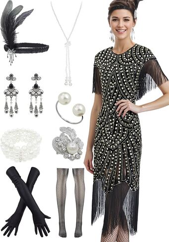 فستان جاتسبي 1920s للنساء ذو ​​شراشيب عتيقة مزين بالترتر آرت ديكو لحفلات الكوكتيل مع مجموعة إكسسوارات بأكمام in Kuwait