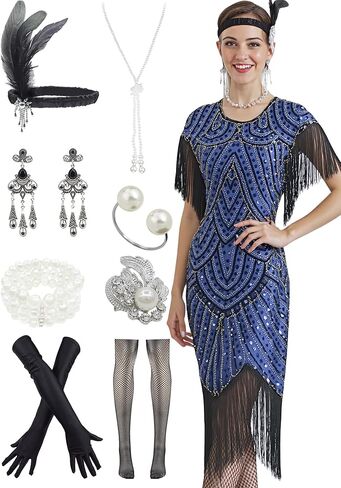 Women's 1920s Gatsby Long Fringe Vintage Sequin Art Deco Cocktail Flapper Dress with Sleeves Accessories Set in Saudi Arabia