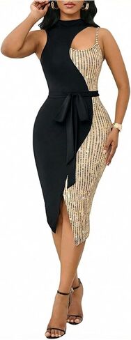 OYOANGLE Women's Graphic Dots Sleeveless Bodycon Midi Dress Cutout Belted Cocktail Party Dresses in Saudi Arabia