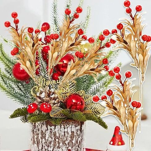 عيد الميلاد التوت الاصطناعي الجذعية الأحمر هولي بيري فروع الذهب عيد الميلاد محاكاة النباتات DIY شجرة عيد الميلاد إكليل الديكورات (2PCS) in Saudi Arabia