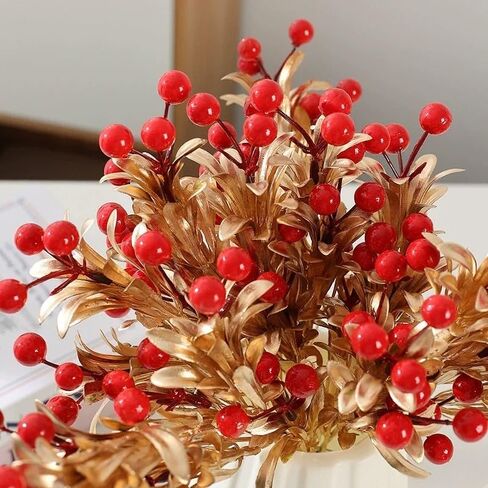 عيد الميلاد التوت الاصطناعي الجذعية الأحمر هولي بيري فروع الذهب عيد الميلاد محاكاة النباتات DIY شجرة عيد الميلاد إكليل الديكورات (2PCS) in Saudi Arabia