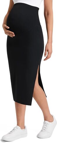 CRZ YOGA Butterluxe Maternity Side Split Midi Skirt - Bodycon Womens Pregnancy Casual Pencil Over The Belly Stretchy Soft in Saudi Arabia
