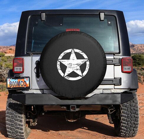 Boomerang - 32" Distressed Star - Spare Tire Cover - (Black Denim Vinyl) for Jeep Wrangler JK (2007-2018) - Green Print - Made in The USA in Saudi Arabia
