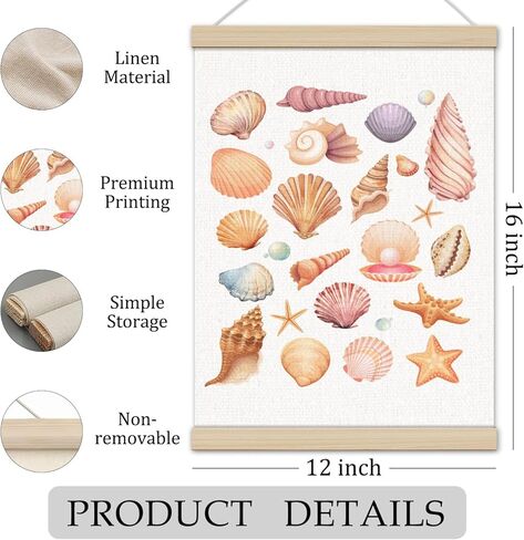 Preppy Beach Seashell Starfish ملصق إطار شماعات مقاس 12 × 16 بوصة، ديكور حائط ساحلي، ديكور فني جداري بطابع الشاطئ لغرفة النوم وغرفة المعيشة والحمام in Saudi Arabia