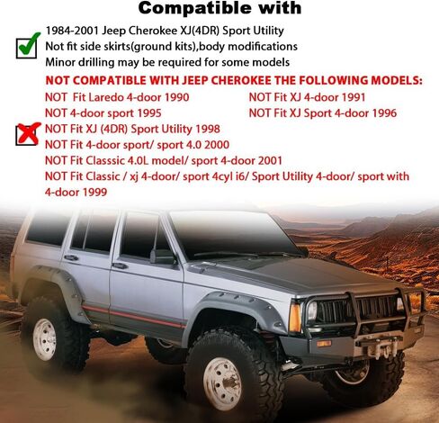 4PCS Fender Flares Fit Jeep Cherokee XJ 4 Door Sport Utility 1984-2001 Wheel Cover Accessories Textured Pocket Riveted Style in Saudi Arabia
