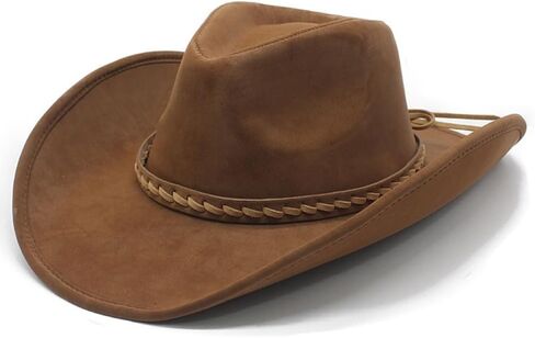 Classic Wide Brim Western Cowboy Hat Unisex Jazz Hat with Head Belt PU Leather Outdoor Riding Brown in Saudi Arabia