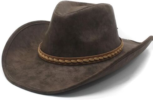 Classic Wide Brim Western Cowboy Hat Unisex Jazz Hat with Head Belt PU Leather Outdoor Riding Brown in Saudi Arabia
