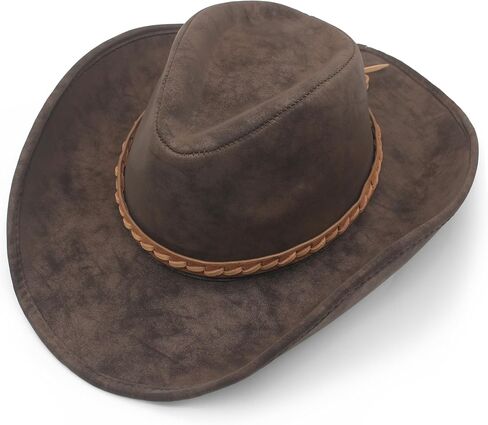 Classic Wide Brim Western Cowboy Hat Unisex Jazz Hat with Head Belt PU Leather Outdoor Riding Brown in Saudi Arabia