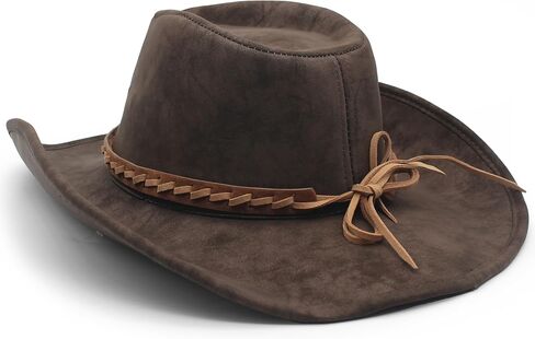 Classic Wide Brim Western Cowboy Hat Unisex Jazz Hat with Head Belt PU Leather Outdoor Riding Brown in Saudi Arabia