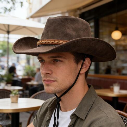Classic Wide Brim Western Cowboy Hat Unisex Jazz Hat with Head Belt PU Leather Outdoor Riding Brown in Saudi Arabia