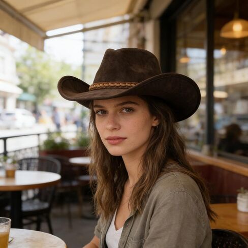 Classic Wide Brim Western Cowboy Hat Unisex Jazz Hat with Head Belt PU Leather Outdoor Riding Brown in Saudi Arabia
