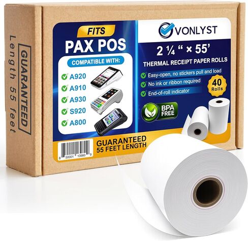 لفات ورق الإيصالات الحرارية من باكس (20 لفة) لطابعات Pax POS والطابعات الطرفية - ورق إيصالات آلة بطاقة الائتمان متوافق مع A920 A910 A930 S920 A800، خالية من BPA in Kuwait