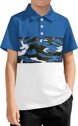 Haloumoning Boys Short Sleeve Polo Shirt Kids Fashion Camo Color Block Shirt Summer Casual Tops Tees 5-14Y in Kuwait