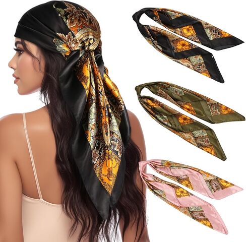 3 Pcs Satin Head Scarves for Women - 35" Satin Hair Scarves Large Square Silk Like Scarves & Bandanas in Kuwait