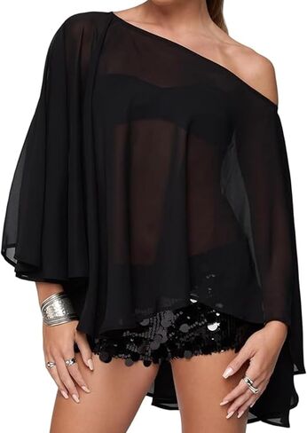 Women's Y2k Lightweight Poncho Top Sheer See Through Shawl Shrug Top Sexy Chiffon Mesh Cape Cover Ups Flowy Shirt in Saudi Arabia