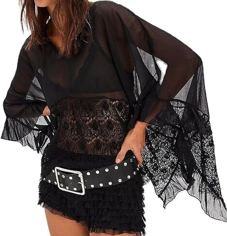 Women's Y2k Lightweight Poncho Top Sheer See Through Shawl Shrug Top Sexy Chiffon Mesh Cape Cover Ups Flowy Shirt in Saudi Arabia