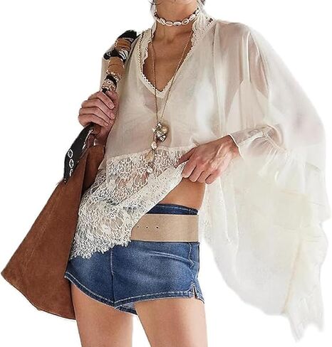 Women's Y2k Lightweight Poncho Top Sheer See Through Shawl Shrug Top Sexy Chiffon Mesh Cape Cover Ups Flowy Shirt in Saudi Arabia