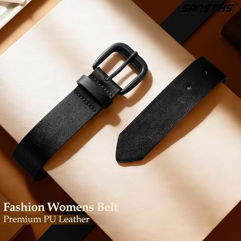 SANSTHS Womens Belt with Same Color Square Buckle, 9 Hole Adjustable Flexible PU Leather Belt for Women Jeans Pants Dresses in Saudi Arabia