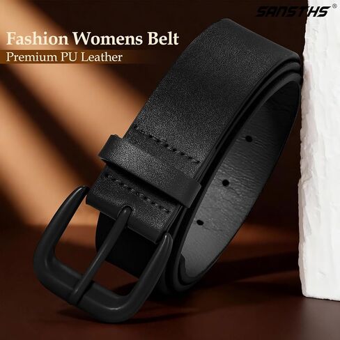 SANSTHS Womens Belt with Same Color Square Buckle, 9 Hole Adjustable Flexible PU Leather Belt for Women Jeans Pants Dresses in Saudi Arabia