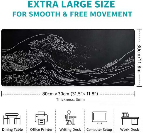 Japanese Sea Wave Anime Design Extended Gaming Mouse Pad, Large Desk Mat 31.5x11.8 Inch with Non-Slip Rubber Base, 3mm Thick Keyboard and Mouse Pad for PC Gaming Office Work in Saudi Arabia