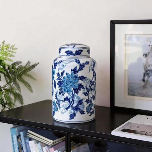 Blue and White Ceramic Jar with Lid, 12" Hand-Painted Chinoiserie Ginger Jar Vase for Home Decor, Porcelain Tea & Coffee Storage Canister, Ideal for Shelf, Table, Cabinets (Blue Peony) in Saudi Arabia