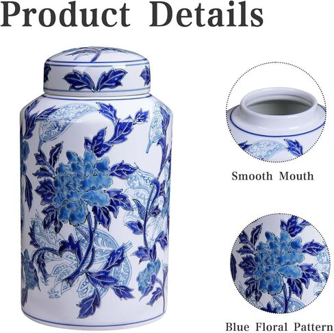 Blue and White Ceramic Jar with Lid, 12" Hand-Painted Chinoiserie Ginger Jar Vase for Home Decor, Porcelain Tea & Coffee Storage Canister, Ideal for Shelf, Table, Cabinets (Blue Peony) in Saudi Arabia