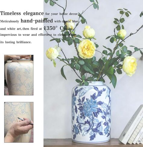 Blue and White Ceramic Jar with Lid, 12" Hand-Painted Chinoiserie Ginger Jar Vase for Home Decor, Porcelain Tea & Coffee Storage Canister, Ideal for Shelf, Table, Cabinets (Blue Peony) in Saudi Arabia