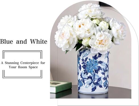 Blue and White Ceramic Jar with Lid, 12" Hand-Painted Chinoiserie Ginger Jar Vase for Home Decor, Porcelain Tea & Coffee Storage Canister, Ideal for Shelf, Table, Cabinets (Blue Peony) in Saudi Arabia