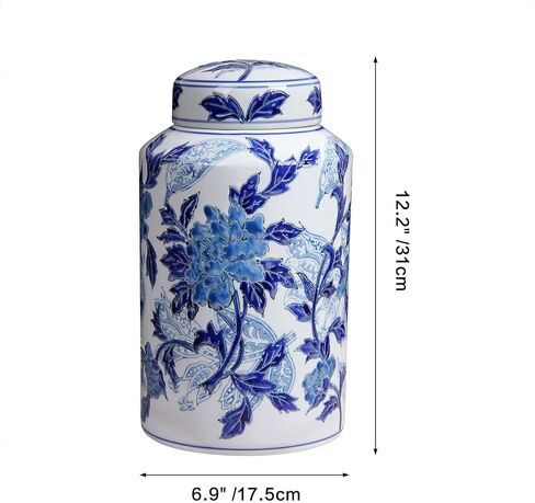 Blue and White Ceramic Jar with Lid, 12" Hand-Painted Chinoiserie Ginger Jar Vase for Home Decor, Porcelain Tea & Coffee Storage Canister, Ideal for Shelf, Table, Cabinets (Blue Peony) in Saudi Arabia