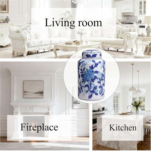 Blue and White Ceramic Jar with Lid, 12" Hand-Painted Chinoiserie Ginger Jar Vase for Home Decor, Porcelain Tea & Coffee Storage Canister, Ideal for Shelf, Table, Cabinets (Blue Peony) in Saudi Arabia