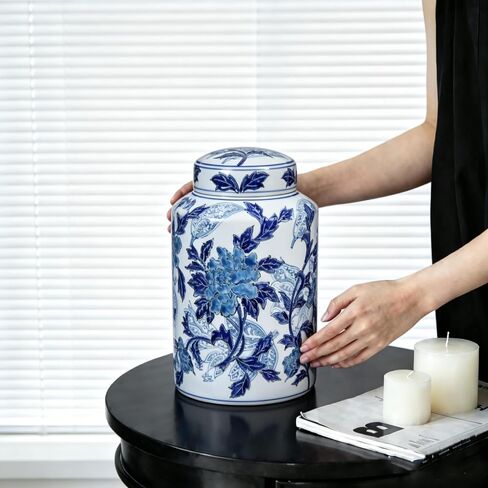 Blue and White Ceramic Jar with Lid, 12" Hand-Painted Chinoiserie Ginger Jar Vase for Home Decor, Porcelain Tea & Coffee Storage Canister, Ideal for Shelf, Table, Cabinets (Blue Peony) in Saudi Arabia