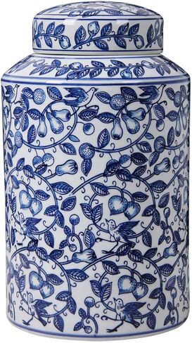 Blue and White Ceramic Jar with Lid, 12" Hand-Painted Chinoiserie Ginger Jar Vase for Home Decor, Porcelain Tea & Coffee Storage Canister, Ideal for Shelf, Table, Cabinets (Blue Peony) in Saudi Arabia