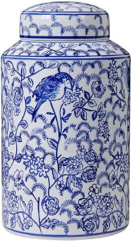 Blue and White Ceramic Jar with Lid, 12" Hand-Painted Chinoiserie Ginger Jar Vase for Home Decor, Porcelain Tea & Coffee Storage Canister, Ideal for Shelf, Table, Cabinets (Blue Peony) in Saudi Arabia