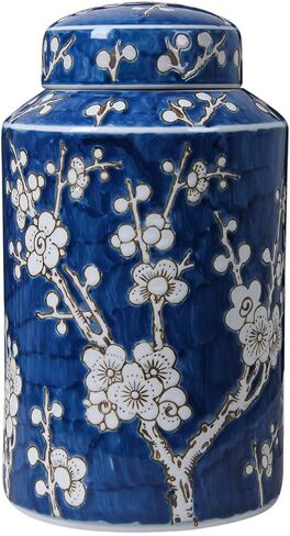 Blue and White Ceramic Jar with Lid, 12" Hand-Painted Chinoiserie Ginger Jar Vase for Home Decor, Porcelain Tea & Coffee Storage Canister, Ideal for Shelf, Table, Cabinets (Blue Peony) in Saudi Arabia