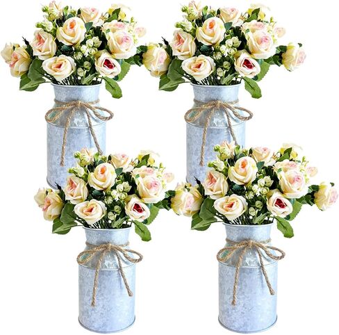 6 Sets Wedding Flower Centerpiece for Tables Decorations, Farmhouse Artificial Roses Bouquet with Metal Milk Can Jug Vase for Party Bridal Shower Event Home Decor (White Vase & Champaign Roses) in Saudi Arabia