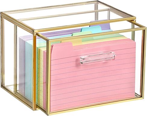 BTSKY Golden Glass Index Card Organizer Box, 3x5 Inch Index Cards Holder with Drawer, Flash Card Storage Holder, Recipe Notecard Box for Office Desk Photo Case Business Cards and Study Note Cards in Saudi Arabia
