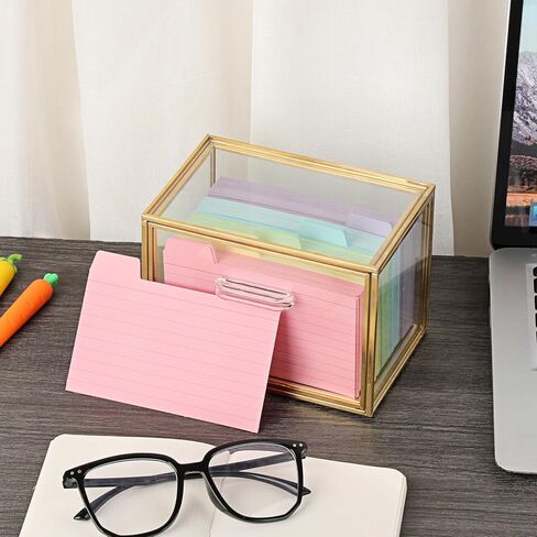 BTSKY Golden Glass Index Card Organizer Box, 3x5 Inch Index Cards Holder with Drawer, Flash Card Storage Holder, Recipe Notecard Box for Office Desk Photo Case Business Cards and Study Note Cards in Saudi Arabia