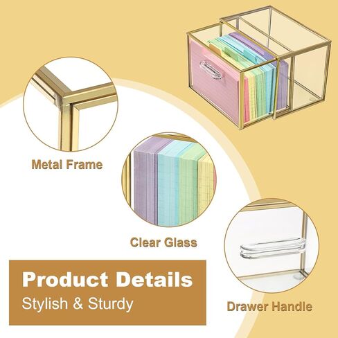 BTSKY Golden Glass Index Card Organizer Box, 3x5 Inch Index Cards Holder with Drawer, Flash Card Storage Holder, Recipe Notecard Box for Office Desk Photo Case Business Cards and Study Note Cards in Saudi Arabia