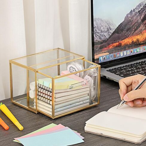 BTSKY Golden Glass Index Card Organizer Box, 3x5 Inch Index Cards Holder with Drawer, Flash Card Storage Holder, Recipe Notecard Box for Office Desk Photo Case Business Cards and Study Note Cards in Saudi Arabia