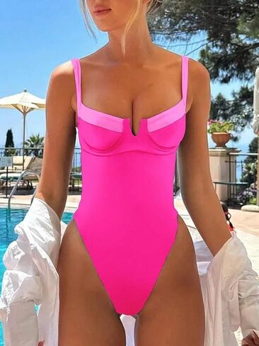 Womens Push Up High Cut Casual Swimsuit Monokini Sexy V-Neck Patchwork One-Piece Swimwear for Beach Vacation 2026 in Saudi Arabia