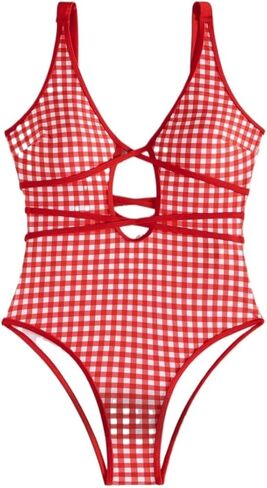 Women's Backless Full Cup Cutout Monokini Swimsuit Casual V-Neck Gingham Bikini for Summer Beach Vacation in Saudi Arabia