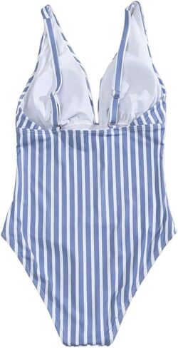 Cute Women's High Waisted Striped Monokini Plunge Neck One-Piece Swimsuit for Summer Beach Fun in Saudi Arabia