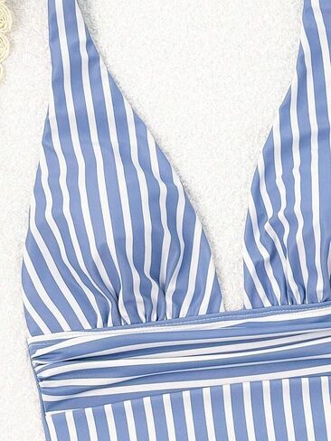Cute Women's High Waisted Striped Monokini Plunge Neck One-Piece Swimsuit for Summer Beach Fun in Saudi Arabia