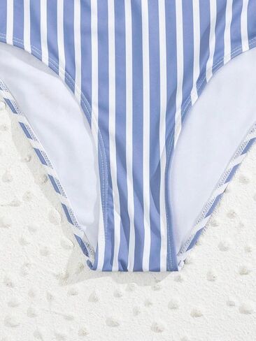 Cute Women's High Waisted Striped Monokini Plunge Neck One-Piece Swimsuit for Summer Beach Fun in Saudi Arabia