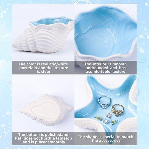 صينية مجوهرات سيراميك المحيط، حامل أطباق حلية مزخرفة على شكل محارة نجم البحر، حامل أطباق حلية على شكل حورية البحر للأقراط الدائرية، سوار القلائد، هدايا ديكور الحمام للغرفة الساحلية تحت عنوان الشاطئ (2، نجم البحر والمحار) in Kuwait