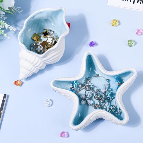 صينية مجوهرات سيراميك المحيط، حامل أطباق حلية مزخرفة على شكل محارة نجم البحر، حامل أطباق حلية على شكل حورية البحر للأقراط الدائرية، سوار القلائد، هدايا ديكور الحمام للغرفة الساحلية تحت عنوان الشاطئ (2، نجم البحر والمحار) in Kuwait