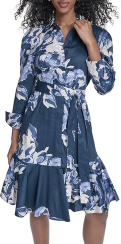 Calvin Klein Women's Long Sleeve Collared Neck Cotton Self Tie A-line Dress in Saudi Arabia