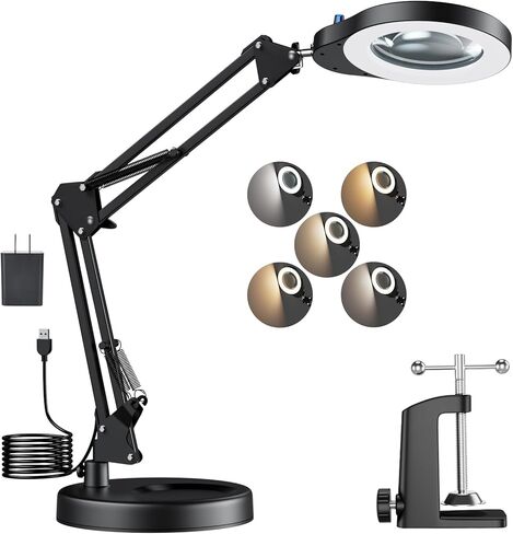 عدسة مكبرة 10X مع ضوء وحامل، 5 أوضاع ألوان ومصباح مكبر LED قابل للتعتيم بدون خطوات، مصباح سطح المكتب بدون استخدام اليدين للقراءة والحرف اليدوية والهوايات والعمل القريب in Kuwait